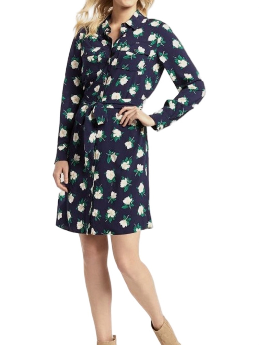 Draper James Navy Floral Long-Sleeve Shirt Dress Size 2 Preppy Feminine